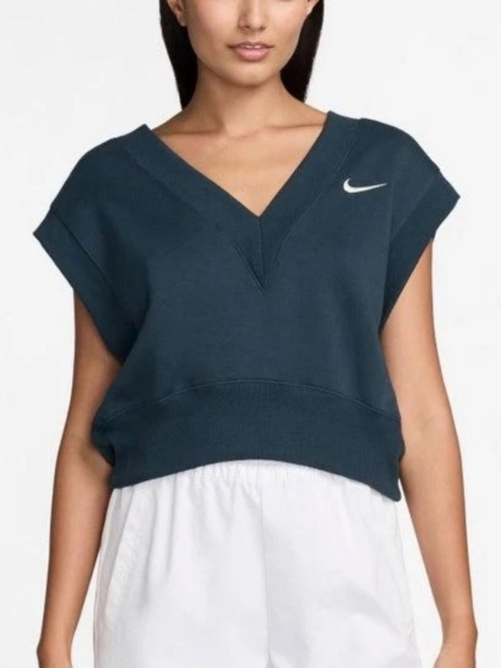 Nike Women's Phoenix Fleece Sleeveless V-Neck Crop Top Armory Navy/Sail, size M